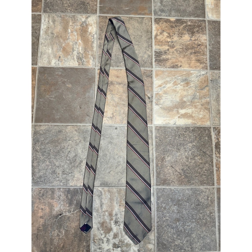 Rooster Regency Silk Repp Tie Mens Olive Green Burgundy White Striped Necktie